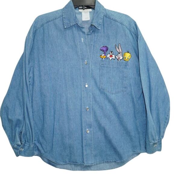 Vintage 1992 Looney Tunes Denim Shirt XL Bugs Bunny Tweety Sylvester Road Runner - Picture 1 of 6